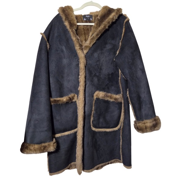 Dennis Basso‎ Pennylane Hooded Faux Suede Coat M Black Brown Faux Fur Trim Boho - Picture 3 of 7